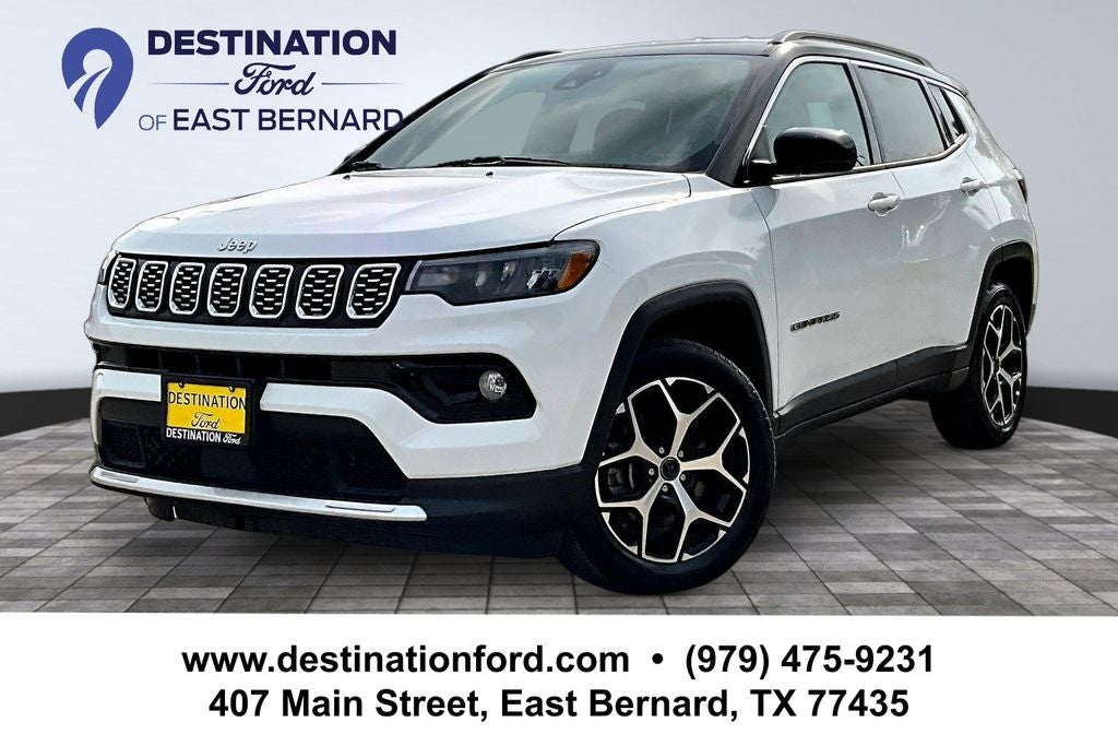 2025 Jeep Compass Limited in Bright White Clearcoat — front three-quarter view